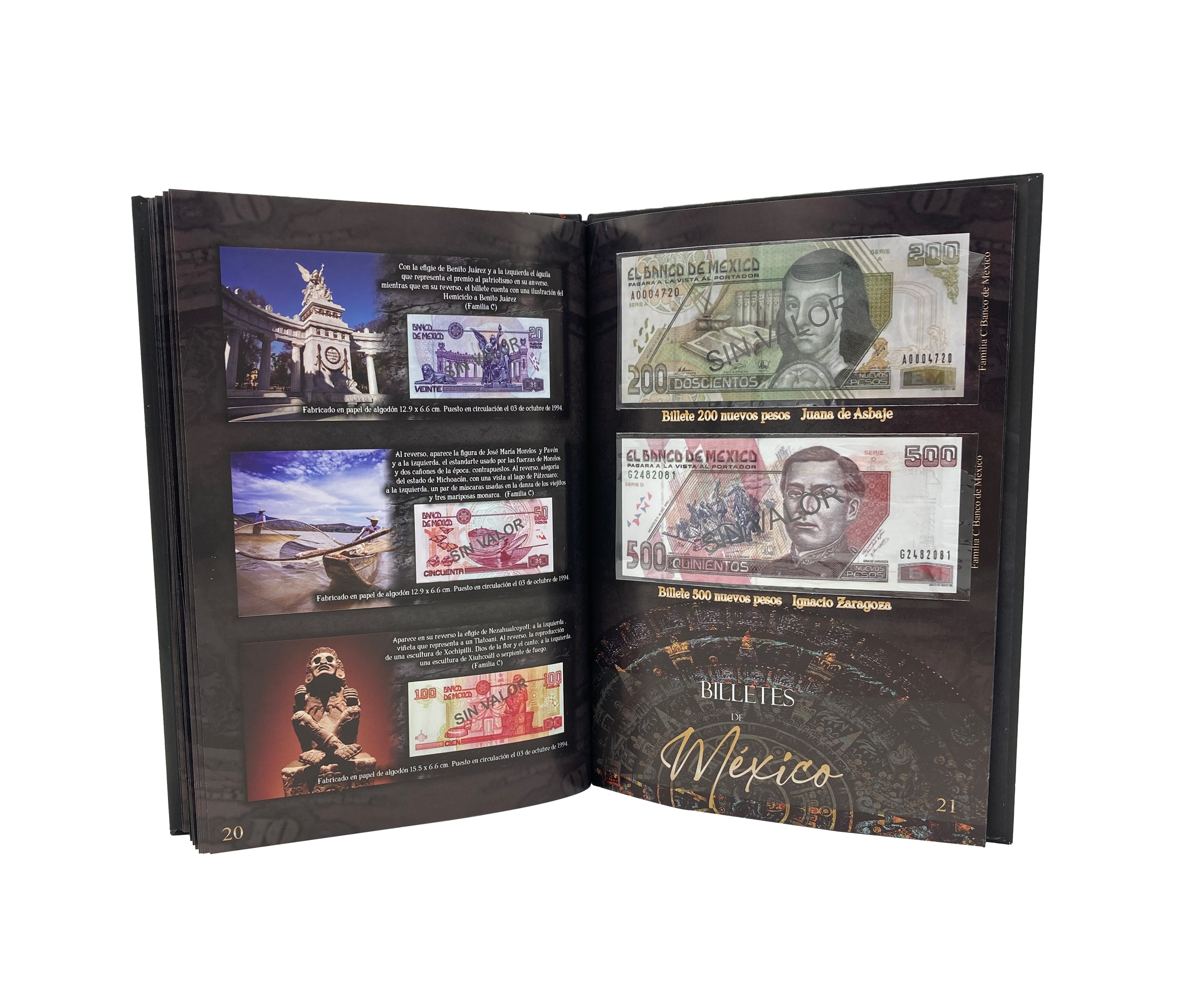 Álbum coleccionador de billetes mexicanos con 32 espacios, información histórica e impresión de alta calidad. Portada con diseño de la Piedra del Sol y acabado profesional. Ideal para coleccionistas. Álbum coleccionador de billetes mexicanos con 32 espacios, información histórica e impresión de alta calidad. Portada con diseño de la Piedra del Sol y acabado profesional. Ideal para coleccionistas.